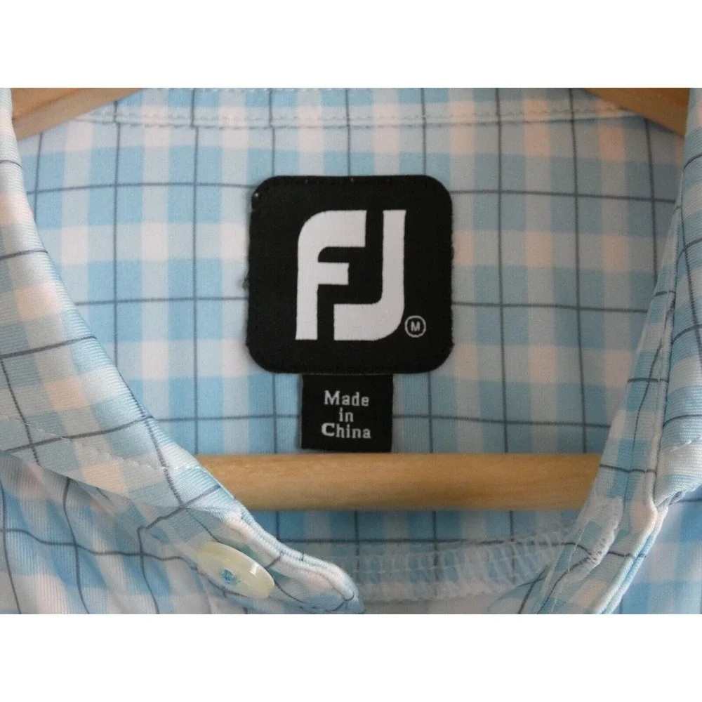 FootJoy FJ‎ Lightweight Golf Polo Shirt Mens M Blue White Plaid No Course Logo